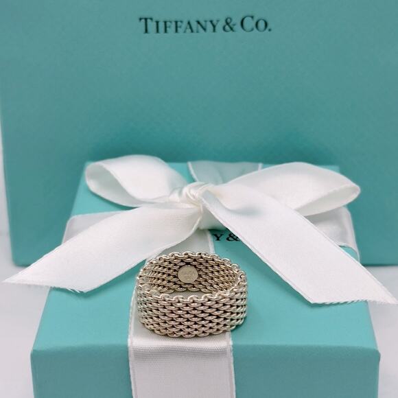 Tiffany & Co. Somerset Mesh Ring Band Size 8 Sterling Silver 925 W/ Pouch & Box - Picture 8 of 10